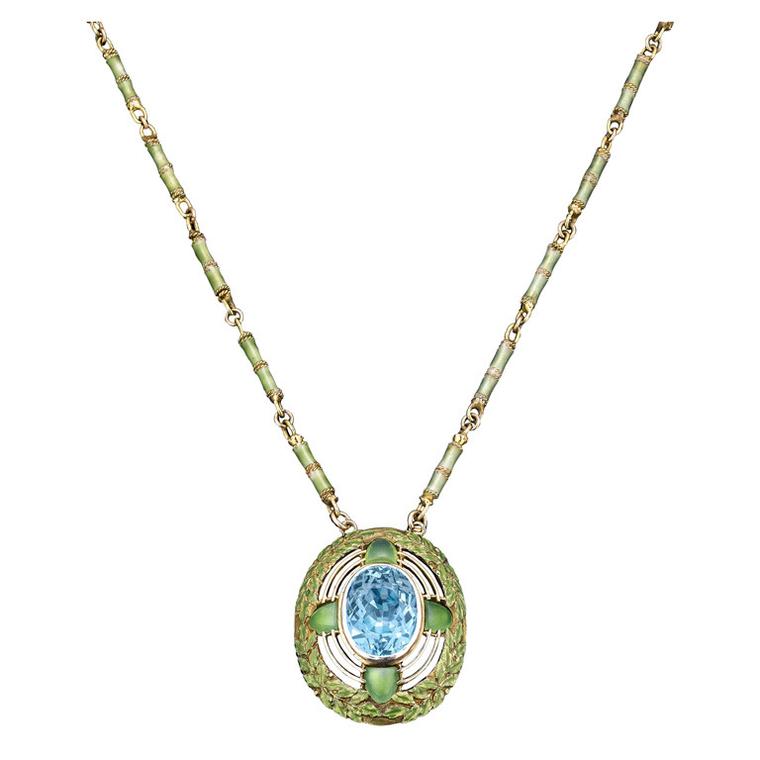 Tiffany & Co. Art Nouveau aquamarine necklace with green enamel detail, circa 1900 (available at 1stdibs.com).